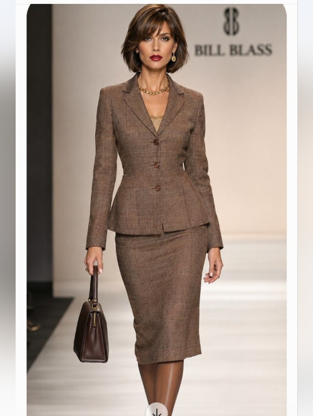 BILL BLASS 8 M/L HERRINGBONE BROWN TAN WOOL MODERN VTG TAILORED FIT SKIRT SUIT - Picture 13 of 14